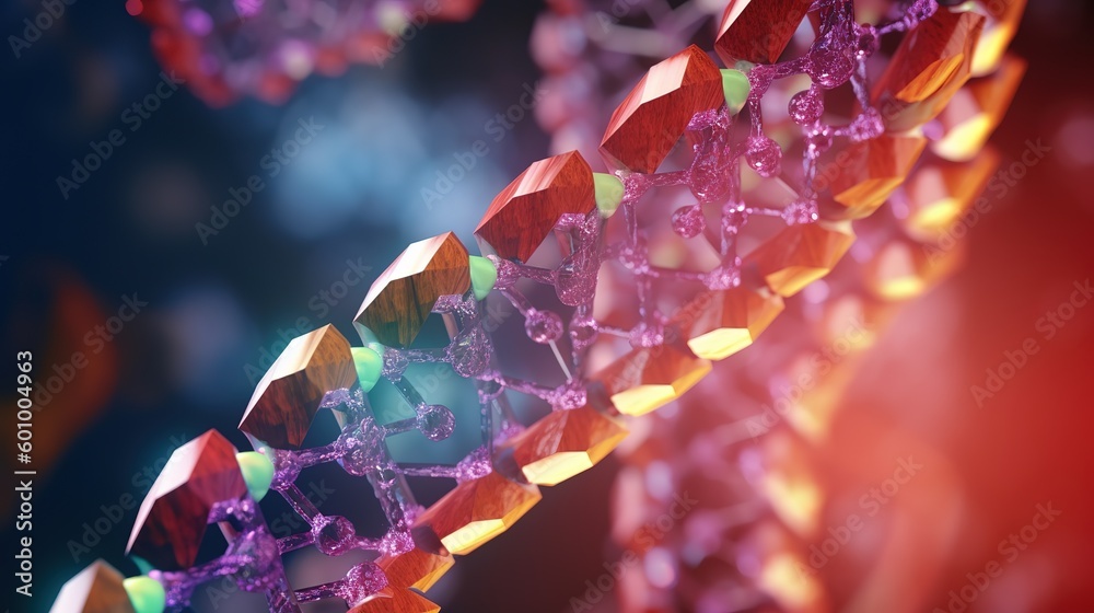 Poster abstract blue and purple 3d dna molecule helix. abstract neon frame style. generative ai
