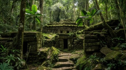 Ancient civilization ruins in the jungle. Generative ai composite. 