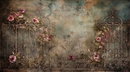 Vintage iron gate background with pink roses. Generative ai composite.