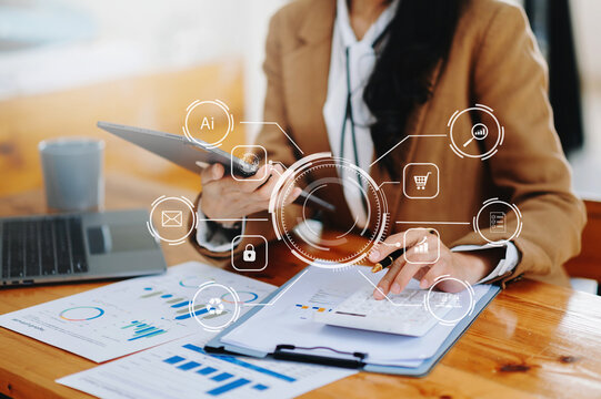 Business team present professional investor working new start up project. Digital tablet laptop computer Finance managers meeting with digital marketing media in virtual icon .