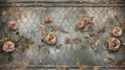 Vintage rustic iron gate background with flowers. Generative ai composite.
