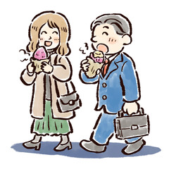 焼き芋を食べる社会人カップルの手描きイラスト