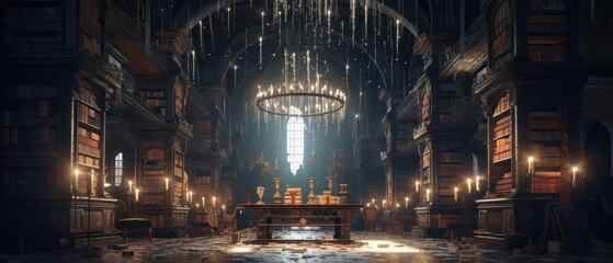 Fototapeta na wymiar fantasy library in cozy cathedral environment. Generative AI 