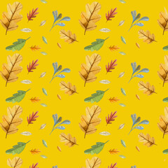 autumn leaves for pattern seamless on yellow background