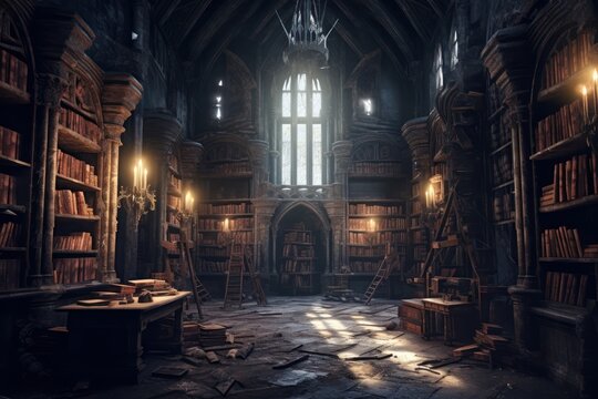 fantasy library in cozy cathedral environment. Generative AI	