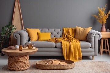 yellow cushion light interior pillow house modern sofa decor grey home. Generative AI.