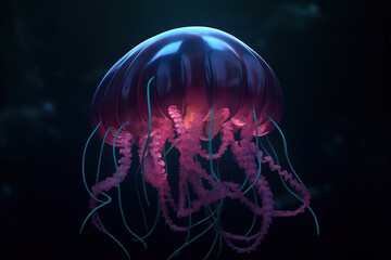 Ethereal Drift: A Pink Jellyfish Gliding Through Darkness. Generative AI