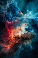 Naklejka na ściany i meble Colorful nebula galaxy, universe, gas and luminous dust clouds. Created with Generative AI technology.