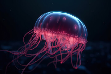 Ethereal Drift: A Pink Jellyfish Gliding Through Darkness. Generative AI
