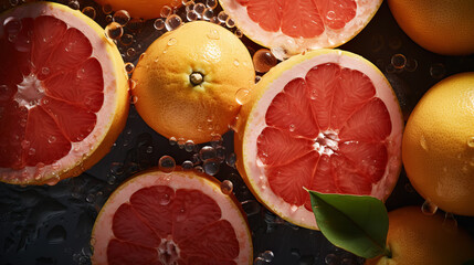 Fresh ripe grapefruits with water drops background. Fruits backdrop. Generative AI