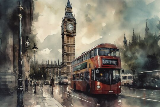 Watercolor painting of the Big Ben in London UK