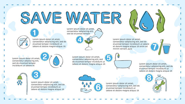 concept of water saving tips icon infographic. Save water, save earth and go green, environment protection campaign concept. on the blue background.