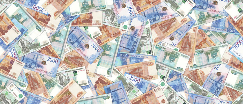 Russia financial illustration. Wide seamless pattern. Randomly scattered paper banknotes of the Russian Federation in denominations of 1000, 2000 and 5000 rubles.
