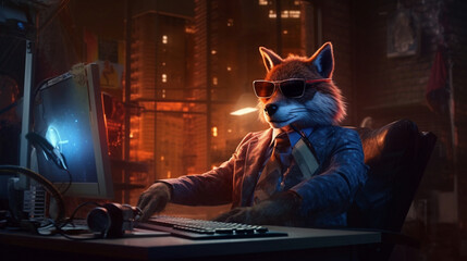 crazy fox with suit and sunglasses sitting at laptop, small office with skyline view, it's night, skyline is illuminated, generated with AI
