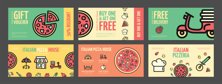 Italian Pizza House Horizontal Gift Voucher Poster Banner Card Set with Thin Line Elements. Vector illustration of Pizzeria