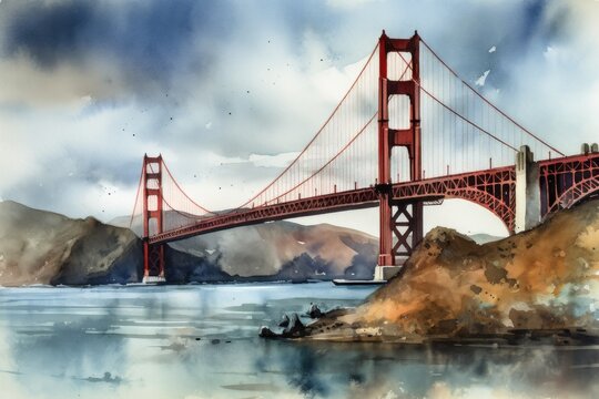 Watercolor painting of the Golden Gate Bridge in San Francisco USA