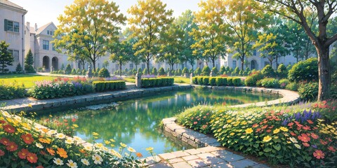 anime style background, landscape, park, lake, river,  garden, backyard, architecture, blue sky, generative ai, generative, ai