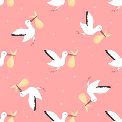Obraz na płótnie Canvas Vector seamless baby pattern, backdrop for wallpaper, print, textile, fabric, wrapping. Flying stork with baby on pink background. Baby shower, newborn concept