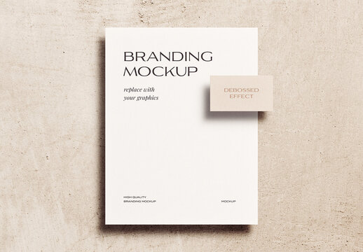 Letterhead Branding A4 Paper Mockup Template Business Card Invitation Gold Foil Debossed Shadow