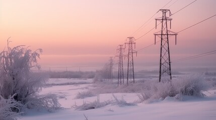 Snow covered landscape with power poles on a cold winter. AI generative.