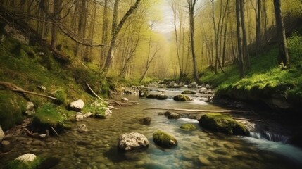 Spring forest nature landscape beautiful spring stream. AI generative.