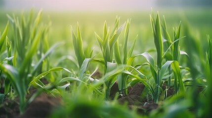 Obraz premium Springtime corn field with fresh, green sprouts. AI generative.