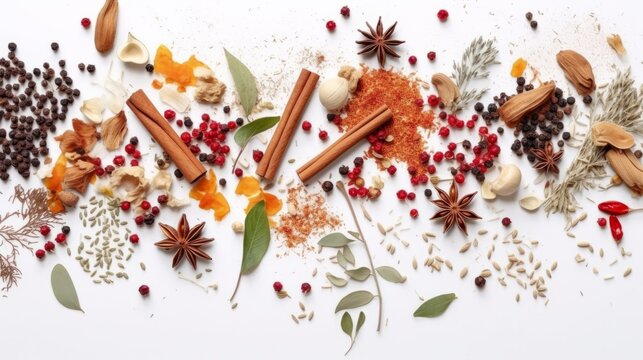 Spices and herbs on white background. variety of spice on white background. AI generative.