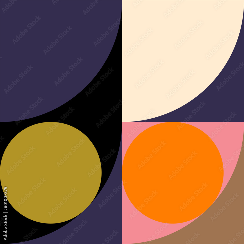 Fototapete Modern vector abstract  geometric background with circles, rectangles and squares  in retro Scandinavian style. Pastel colored simple shapes graphic pattern.