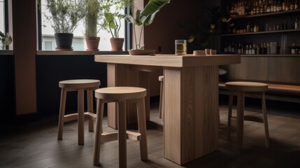 Wooden table and chairs in kitchen. AI generative.