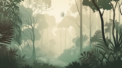 Tropical trees and leaves in foggy forest wallpaper. AI generative.