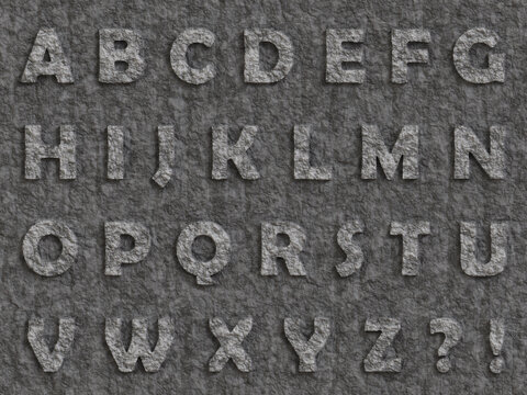 carved stone full alphabet, letters in stone,  characters, question mark 3D render