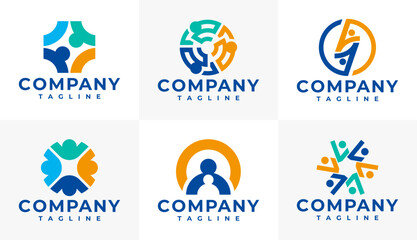 Minimalist line abstract human crowd logo design set