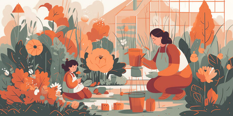 Mother's Day Garden: Cheerful illustration of mother and child gardening together with flat shapes and warm colors. Generative AI.