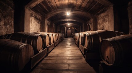 Wine cellar interior with large wooden barrels. AI generative.