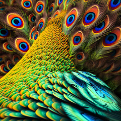 Abstract rendering of the vibrant and intricate peacock feather pattern. Generative AI.
