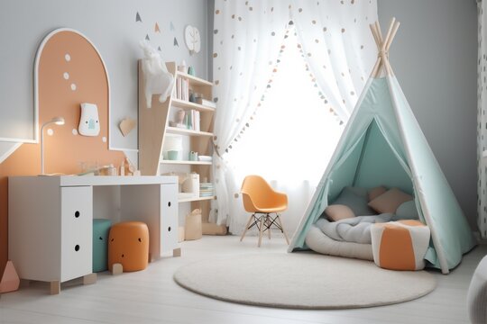 child room pink style home furniture house design interior bed wall. Generative AI.