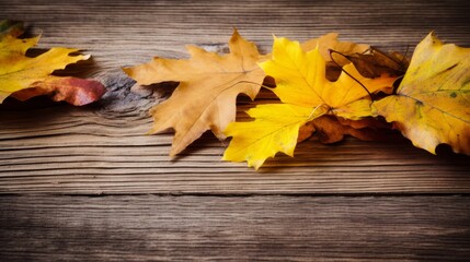 Obraz premium Yellow autumn leaves on background old wood table. AI generative.