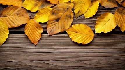 Naklejka na ściany i meble Yellow autumn leaves on background old wood table. AI generative.
