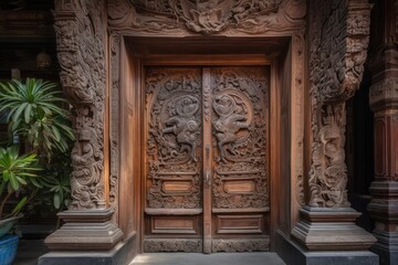Fototapeta na wymiar A elaborately carved wooden door of a traditional stilt house. Portray the historic architecture and cultural heritage of Vietnamese villages. Generative Ai