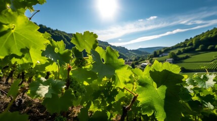 Fototapeta na wymiar Young grapes in vineyard, hills. AI generative.