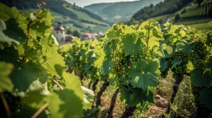 Fototapeta na wymiar Young grapes in vineyard, hills. AI generative.