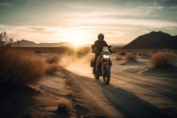 Biker riding a motorcycle through a desert landscape, against a sunset background, with a sense of adventure and freedom. Concept exploration and excitement. Generative AI