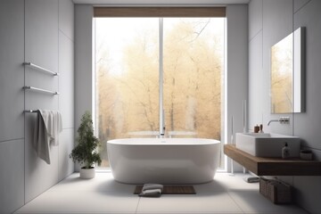 room house design indoor apartment white tub nobody home window interior. Generative AI.
