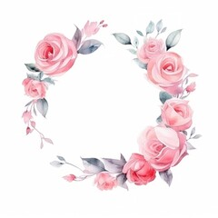 Pastel Pink Watercolor roses frame for Valentine's Day. Sweet Circle Illustration with copy space. Generative AI