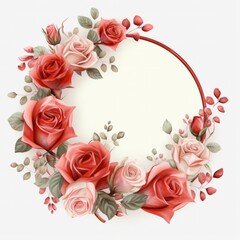 Pastel Red Watercolor roses frame for Valentine's Day. Sweet Circle Illustration with copy space. Generative AI