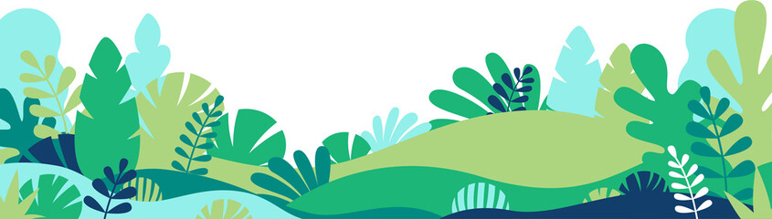 Horizontal abstract background with copy space for text, abstract cover header with plants and leaves, bright vibrant banner, poster, graphic design template, hippie and groovy summer poster, png © venimo