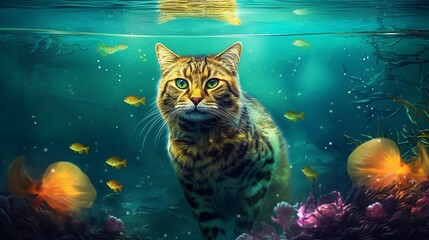 Beautiful cat under water maximalist colorful tarot card with gold. Generative AI.