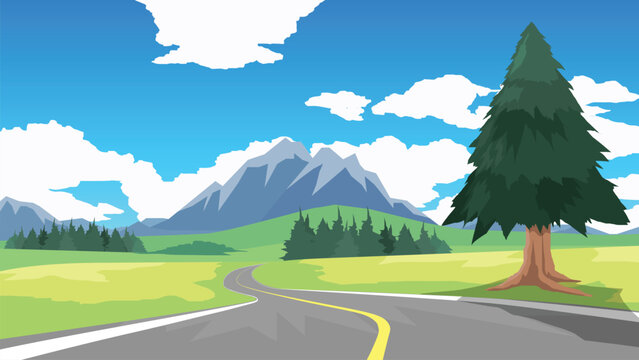 Copy Space Flat Vector Illustration. of curved asphalt road path and environment of wide open fields of green grass. Green plains and low mountains.  Under blue sky and white clouds.