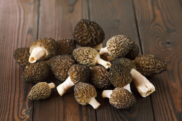 Fresh collected spring mushrooms early morels on a wooden surface