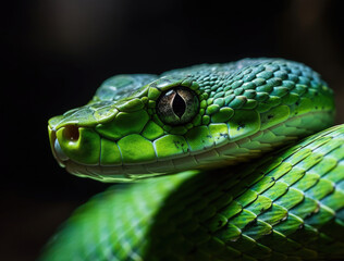 Green viper snake close up view